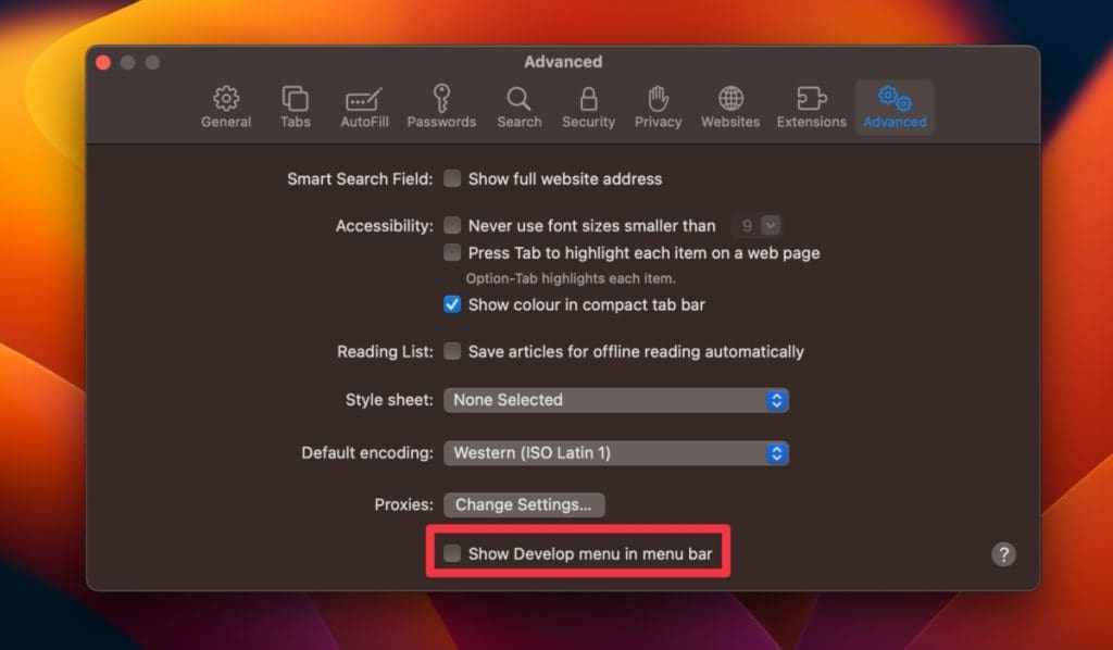 check the box next to the show develop menu in menu bar