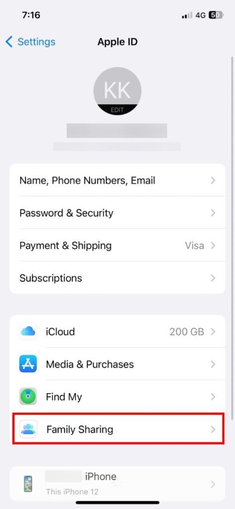 click family sharing in your apple id