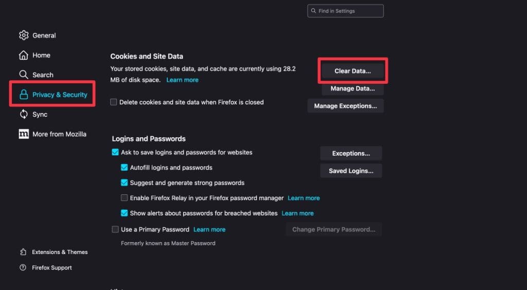 click privacy security in the left sidebar and click clear data button