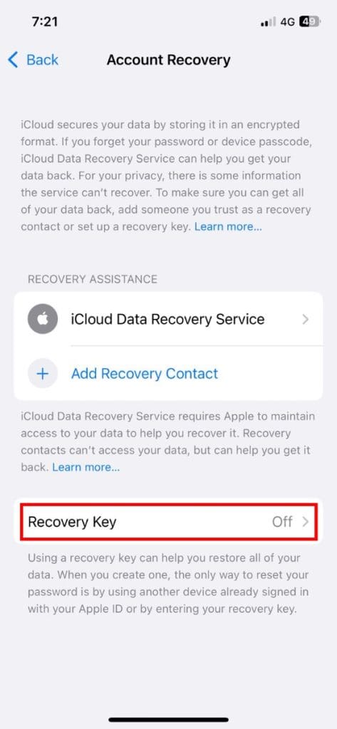 click recovery key in account recovery