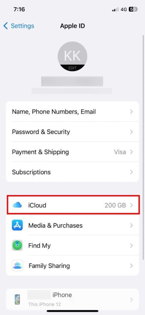 select icloud in settings