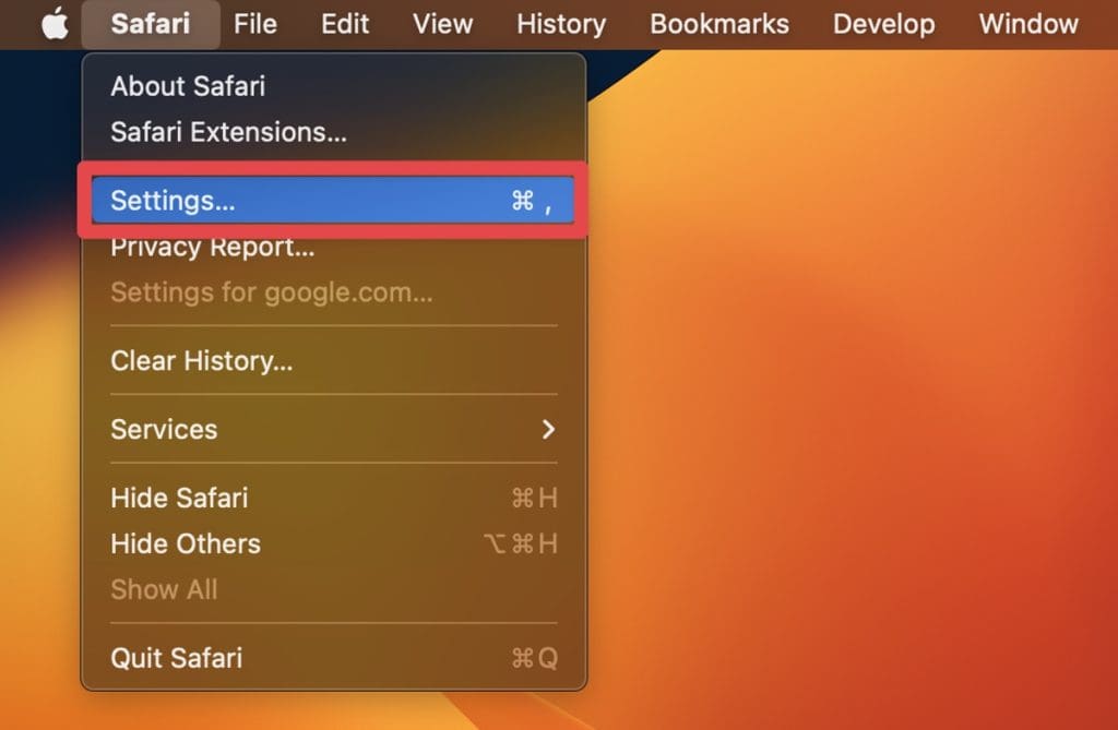 click safari in the top menu bar and select settings