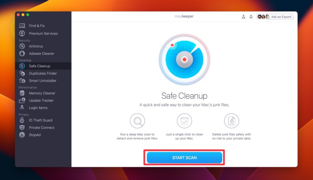 click start scan in safe cleanup