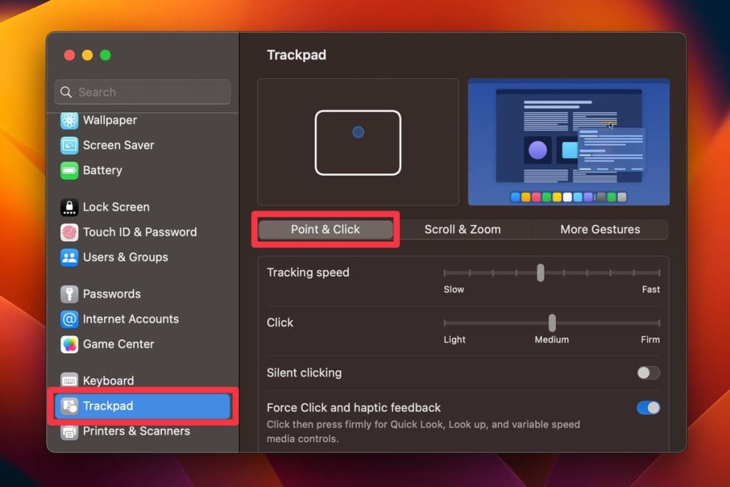 click trackpad and select point click tab 1