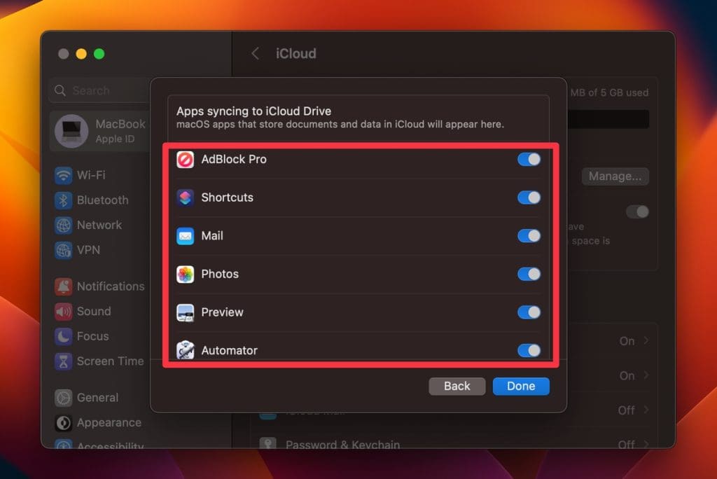 select the apps you want to sync to icloud