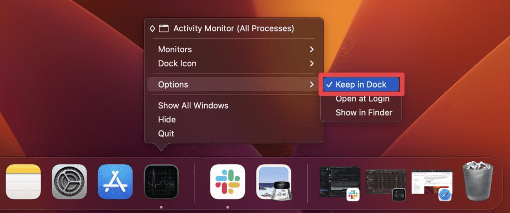 task manager on macbook air checkmark next to keep in dock