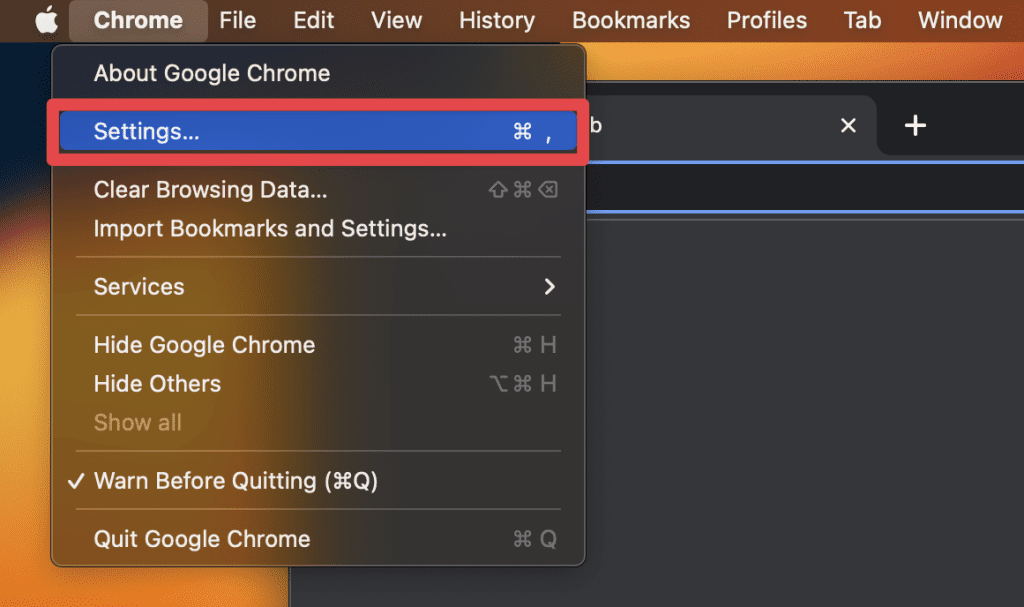 click chrome in the menu bar and select settings