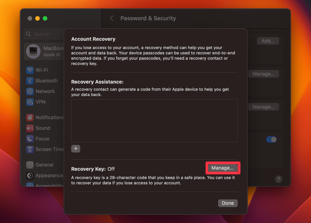 click manage next to recover key off