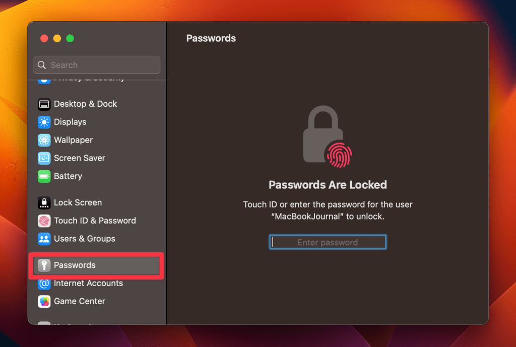 click passwords in the left sidebar and enter your password