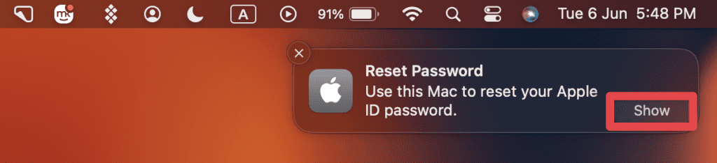 click show on the password reset notification