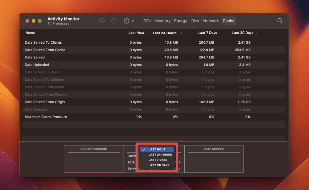 task manager on macbook air click the pop up menu at the bottom and choose a time period