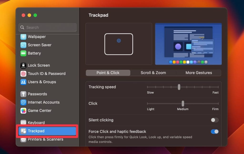 click trackpad in system settings