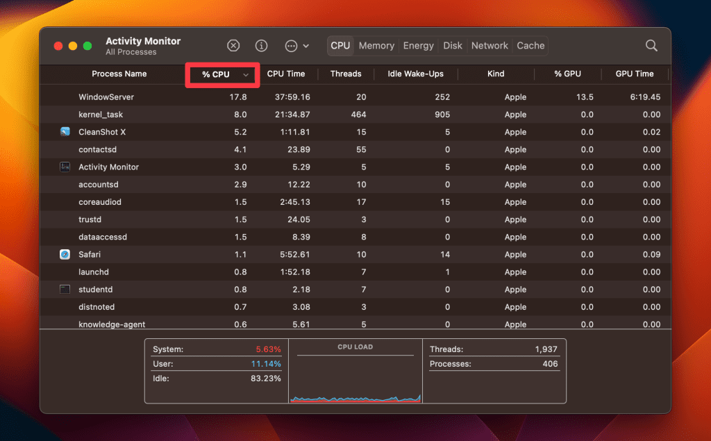 cpu percentage in activity monitor