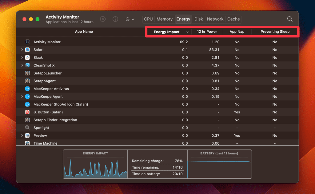 energy impact 12 hr power app nap preventing sleep column headers