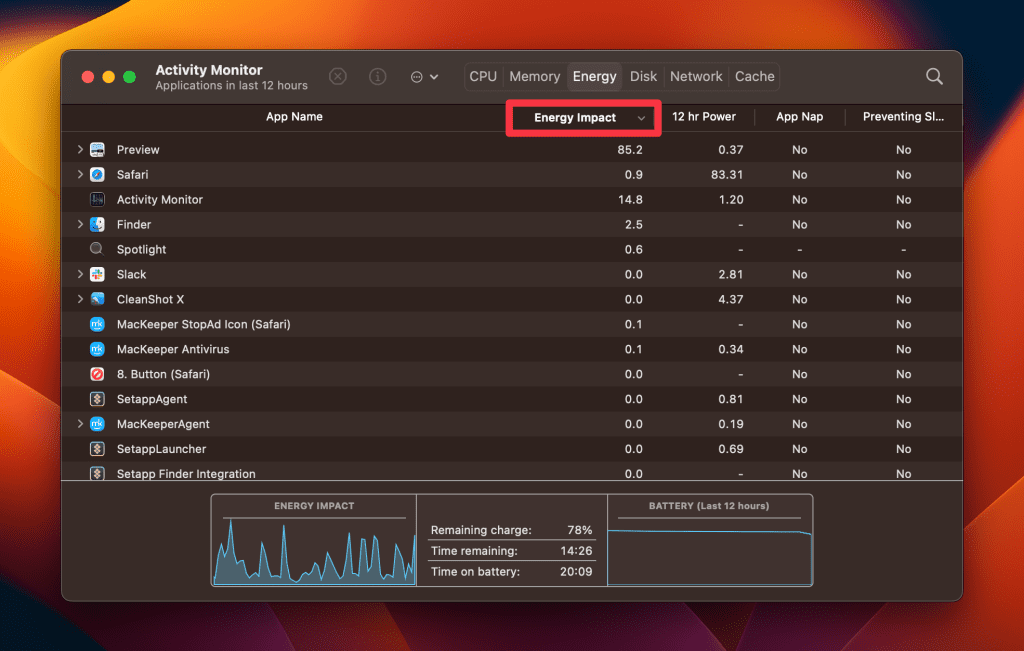 task manager on macbook air energy impact column header