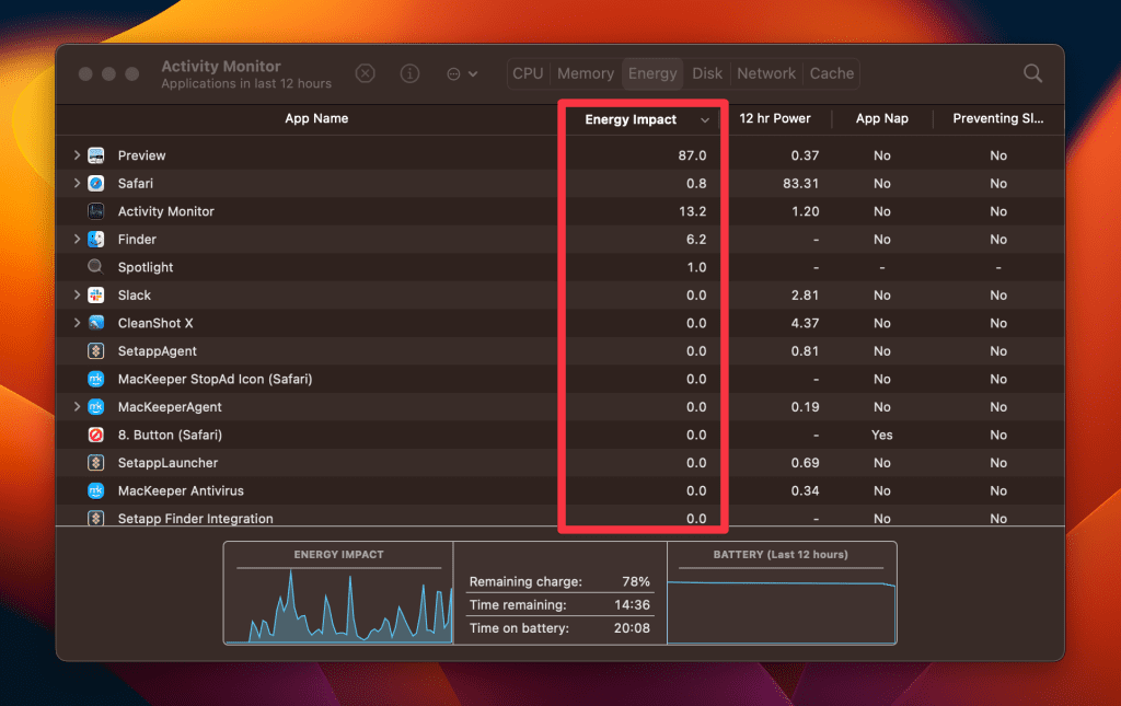 energy impact column in activity monitor