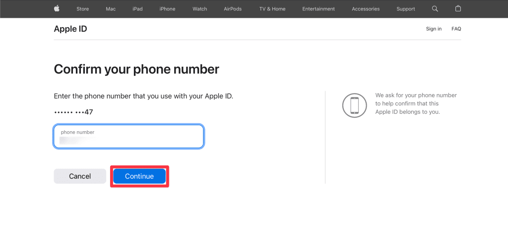 enter your phone number and click continue