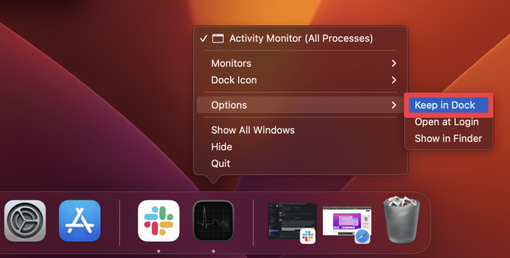 task manager on macbook air hover your mouse over options and select keep in dock