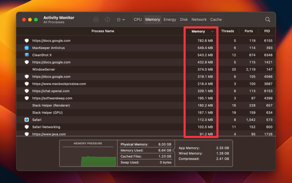 memory usage column in activity monitor