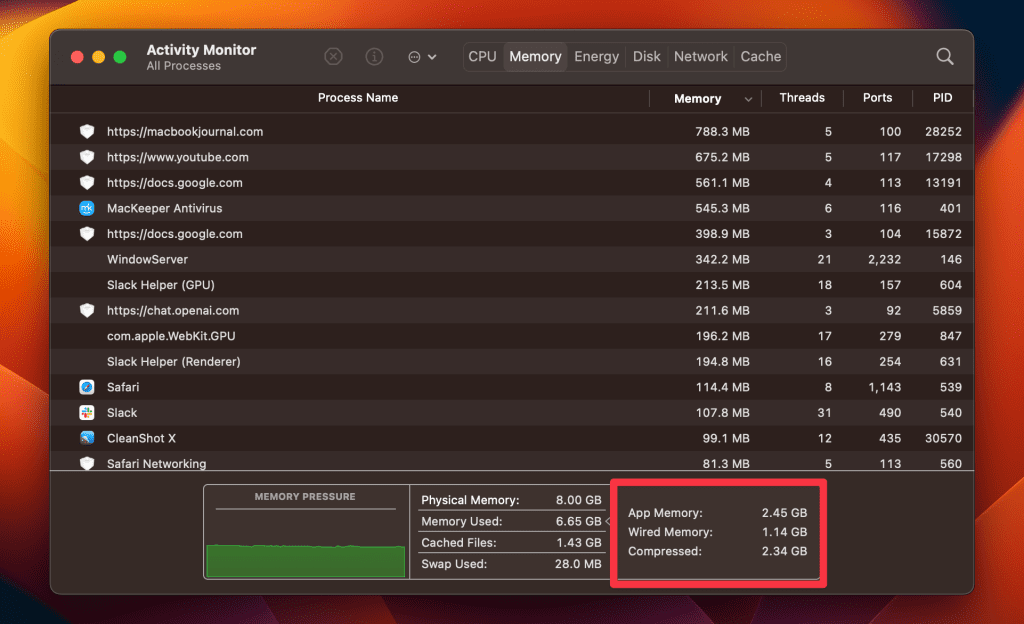 memory usage in activity monitor