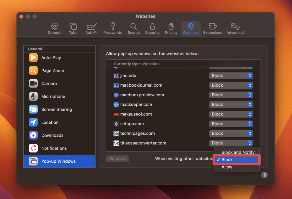 select block next to when visiting other websites to allow pop-ups on safari