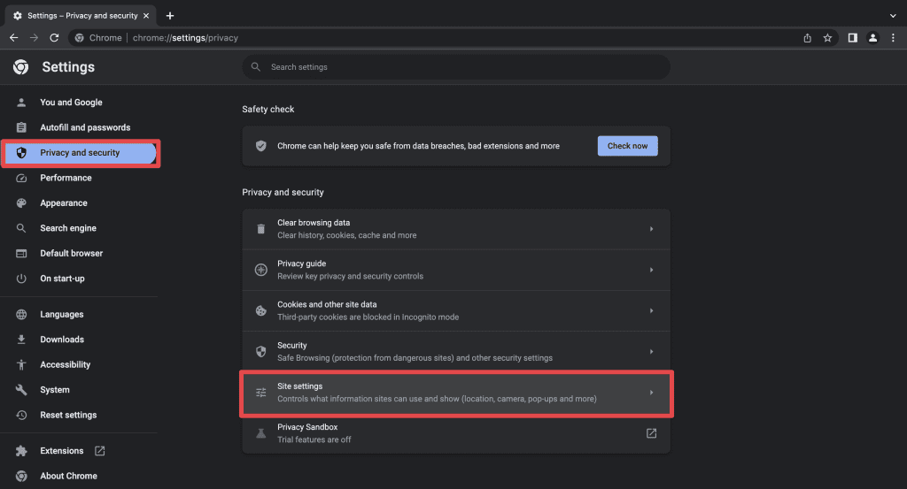 select site settings under privacy and security