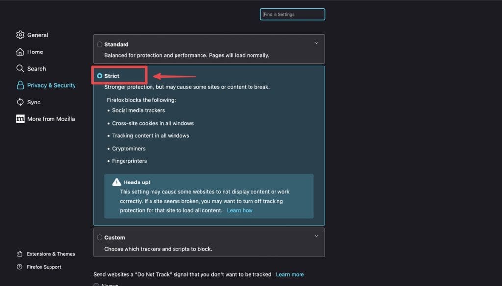 select strict to block trackers and ads on all websites