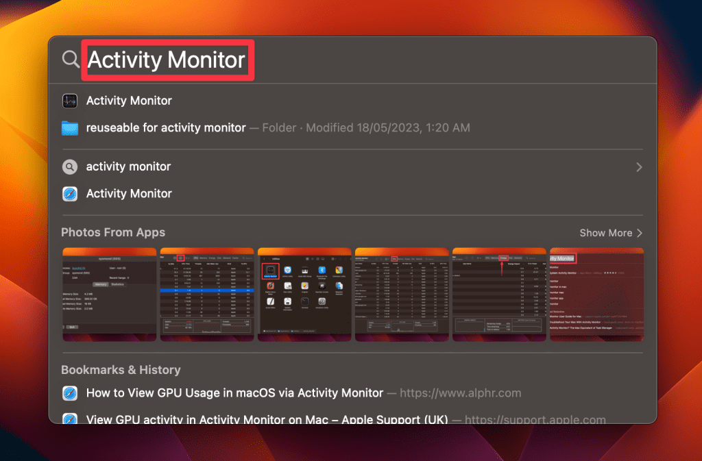 type activity monitor in spotlight search