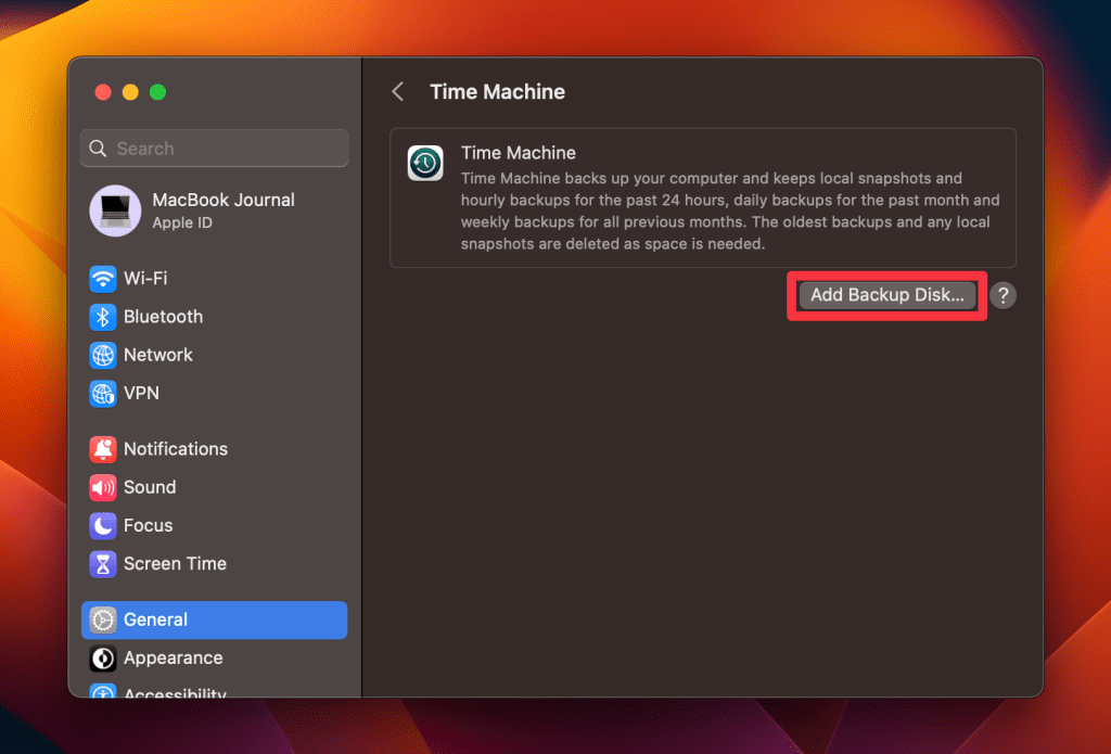 click the add add backup disk button in time machine