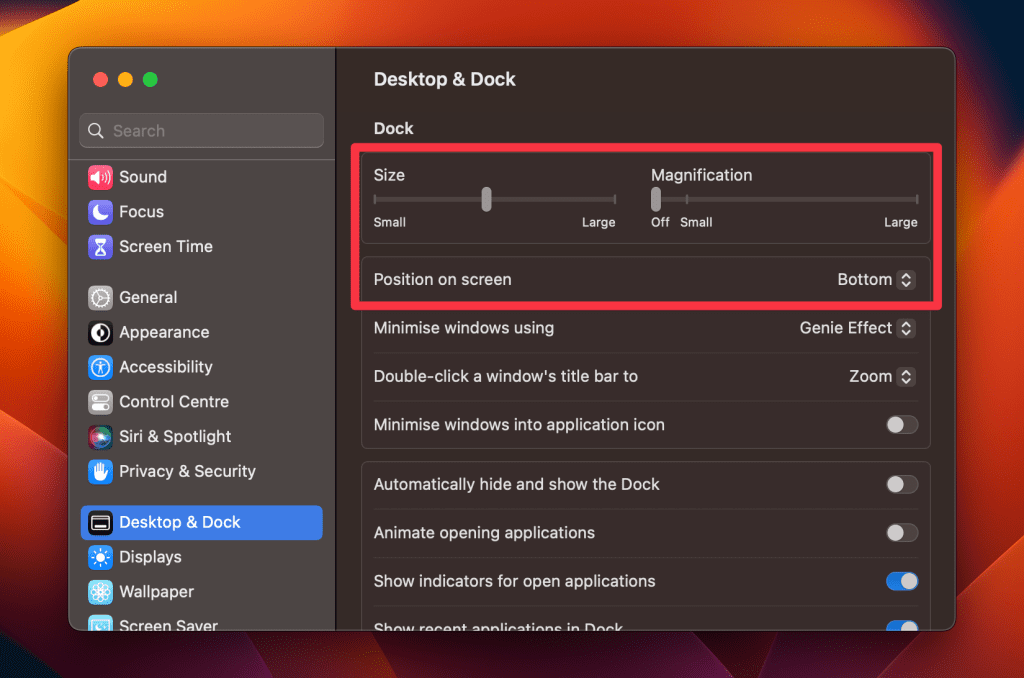 customize the dock in system settings