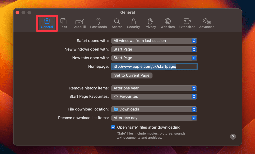 click the general tab in safari settings window