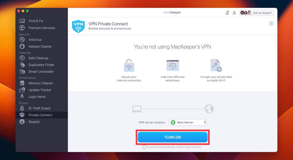 click turn on to activate private connect vpn