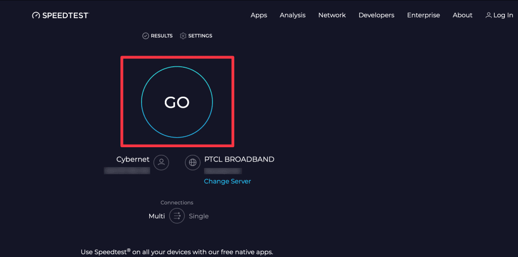 on the speed test website click the go button