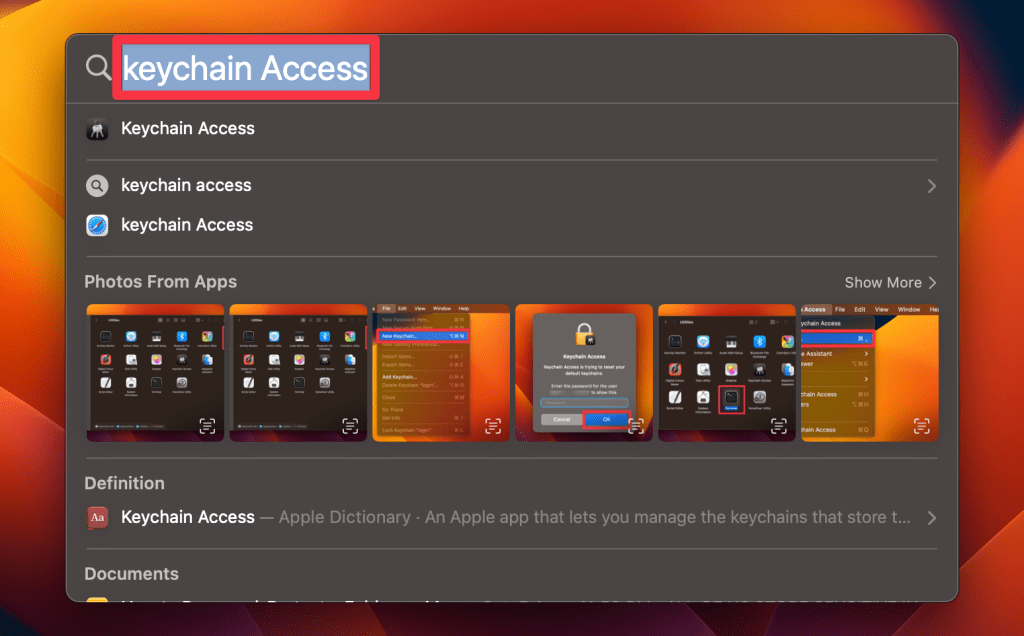 pressing command ⌘ space and type in keychain access