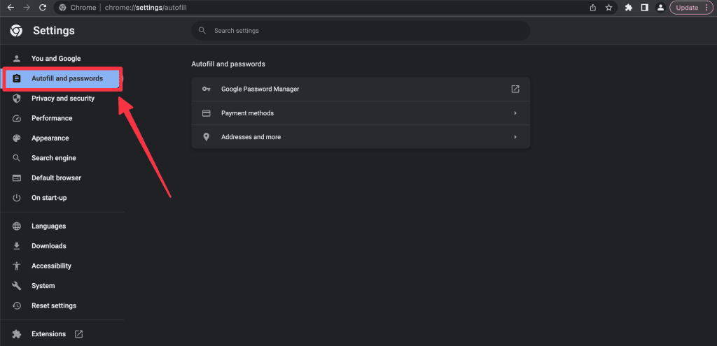 select autofill and passwords in the left sidebar