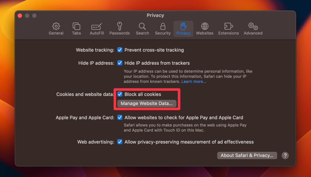 where is history on safari macbook check block all cookies or click manage website data