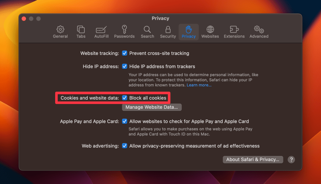 where is history on safari macbook check the block all cookies check box
