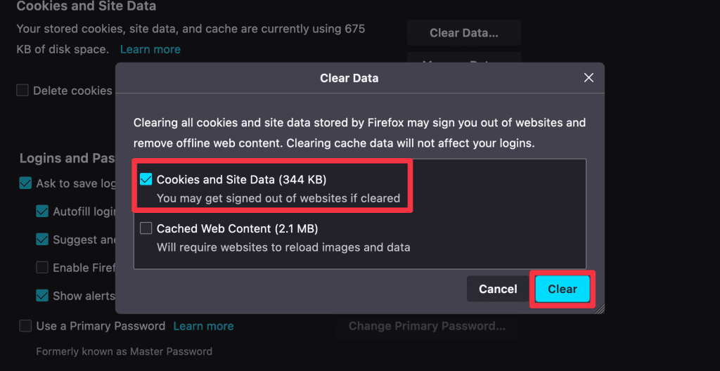 check the cookies and site data box and click clear