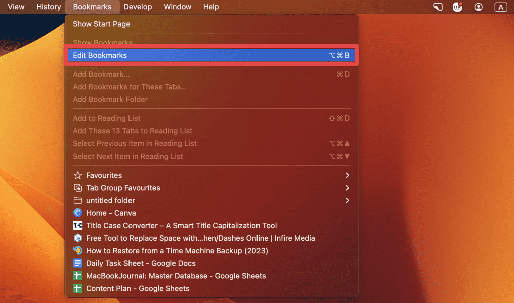 click bookmarks and select edit bookmarks