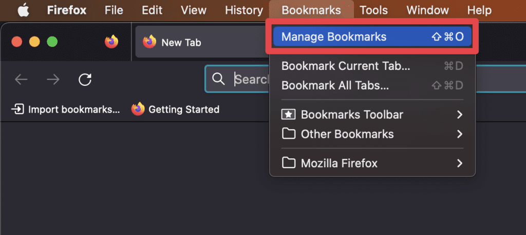 click bookmarks and select manage bookmarks