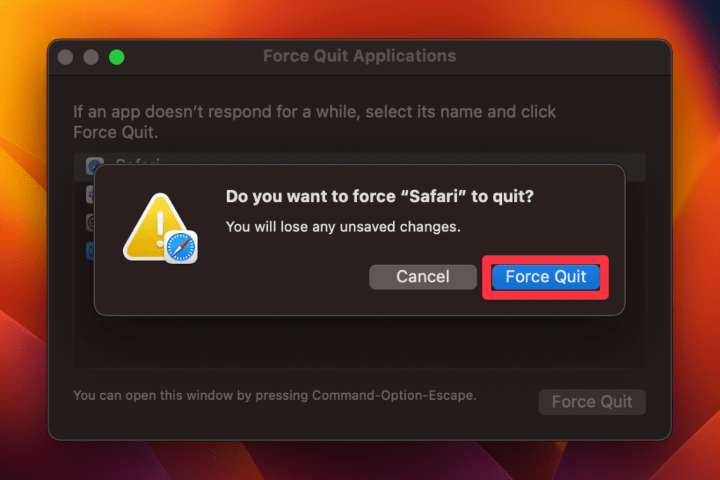 click force quit on the pop up to close safari