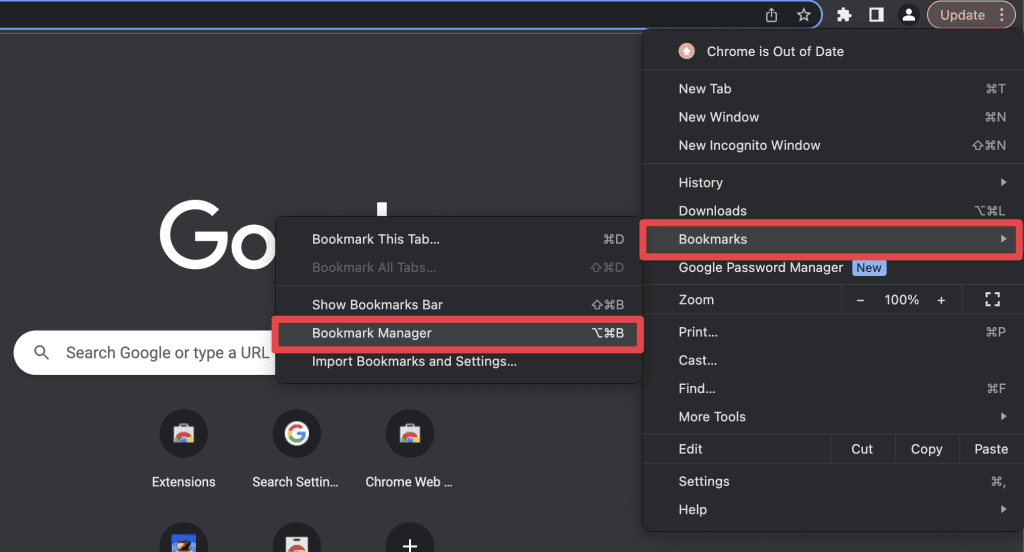 click three dots select bookmarks and then bookmarks manager