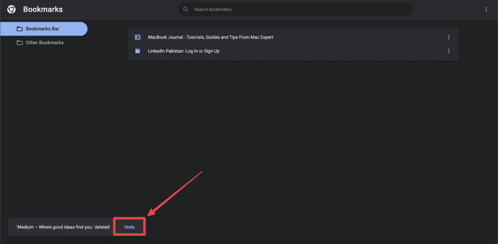 click undo at the bottom to restore a bookmark in chrome