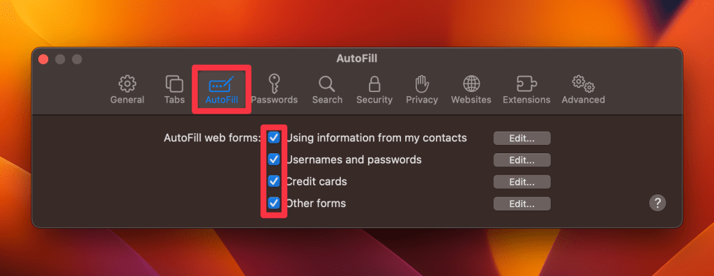 disable autofill options in safari settings