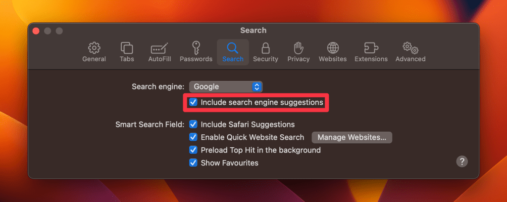 disable search engine suggestions in safari settings