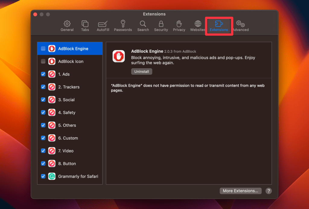 extensions tab in safari settings