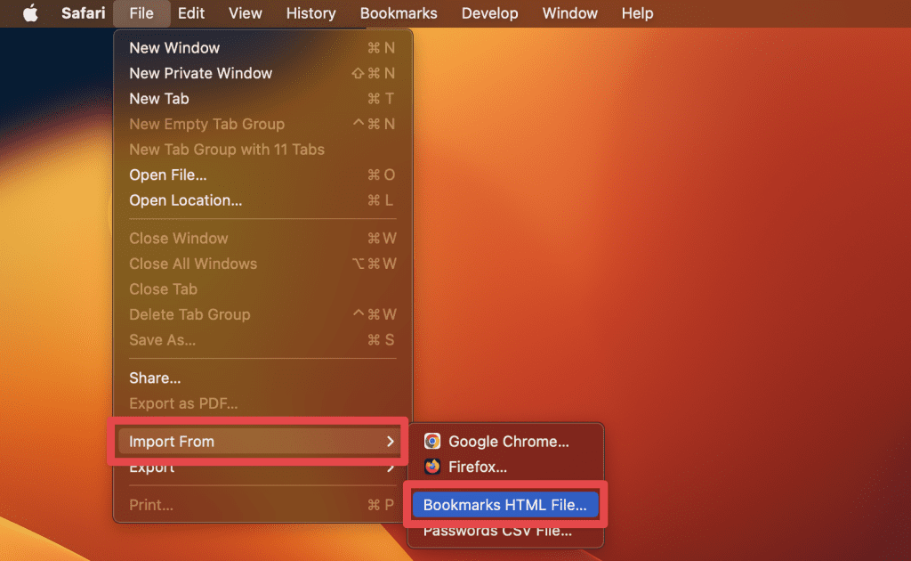 hover your mouse over import from and select bookmarks html file
