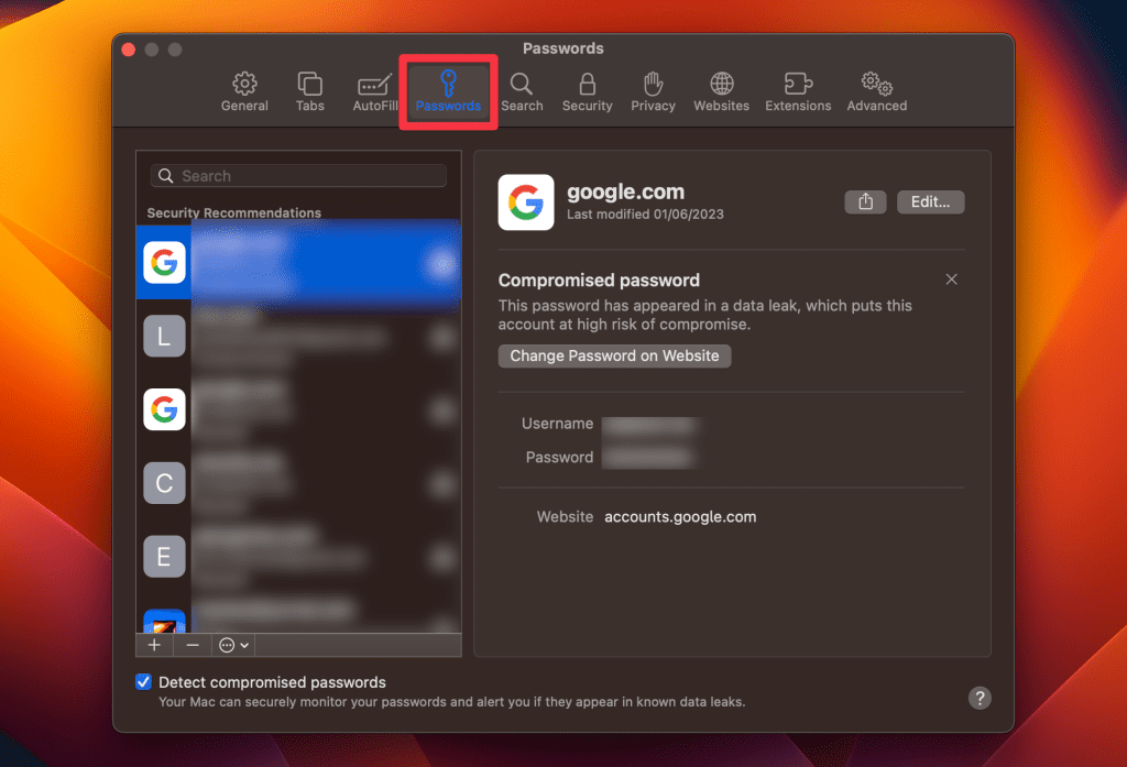 passwords tab in safari settings