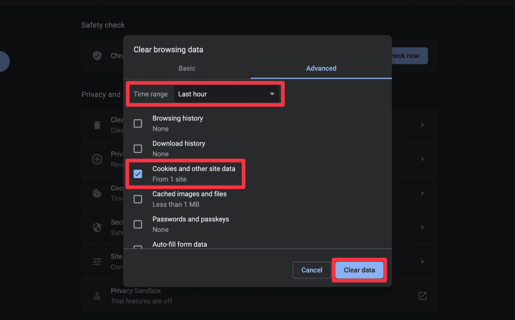 select a time range check the cookies and other site data box and click clear data