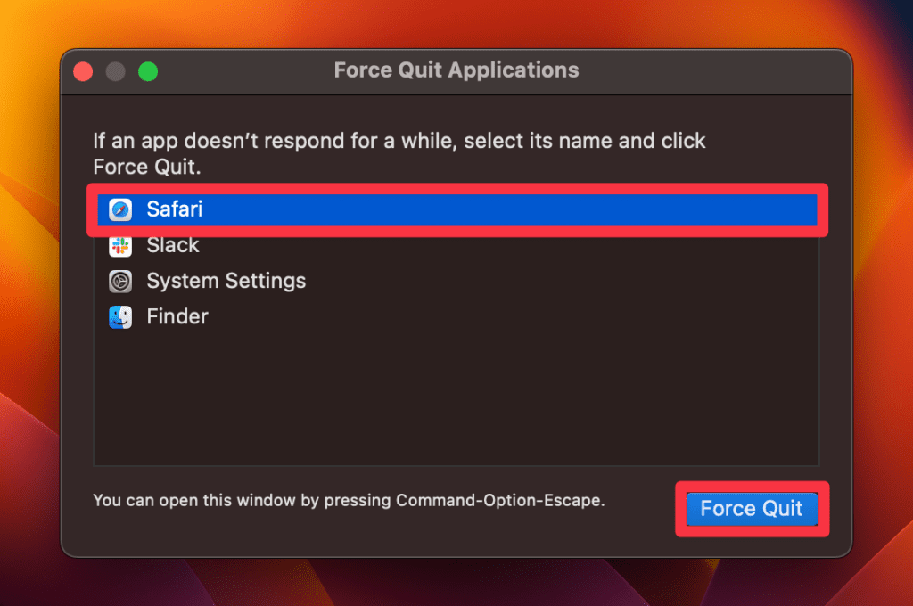 select safari and click force quit